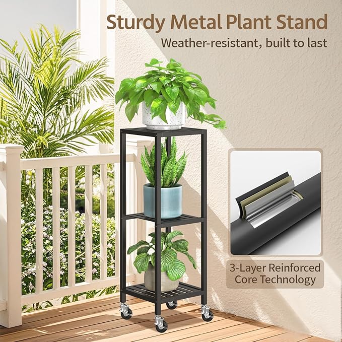 LASZOLA 3 Tier Black Metal Plant Stand Indoor Outdoor with Wheel for Large Planter, Modern Heavy Duty Tall Rolling Rack for Corner House Bathroom Patio Floor, Iron Flower Shelf Holder for Orchid Fern