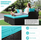 RELAX4LIFE Rattan Patio Outdoor Daybed, Wicker 2-Person Sunbed Loveseat with Soft Cushions, 4 Pillows, Curved Backrest & Armrest, Double Bed Lounger Sofa Set for Balcony Porch, Patio Bed (Turquoise)