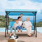 HOMREST 3 Seat Outdoor Porch Swing with Adjustable Canopy, Convertible Patio Swing Bed with Stand, Patio Glider Swing with Upgraded Cup Holder, Thicken Cushions ＆ Pillow for Backyard（Sky Blue）