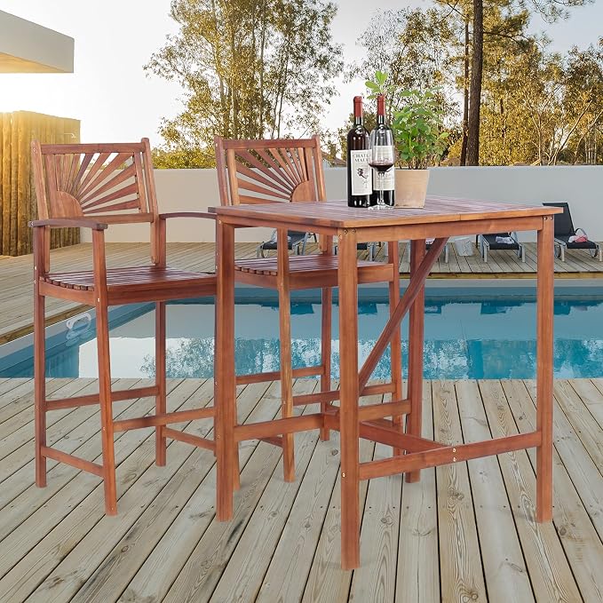 Dining Set, 3-Piece Acacia Wood Bar Table and Stools, Brown