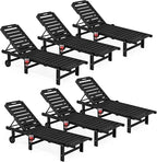 SERWALL Outdoor Chaise Lounge Set of 6, HDPE Pool Lounge Chair with 5-Position Adjustable Backrest, Patio Lounger with Rolling Wheels & Cup Holder for Pool, Black
