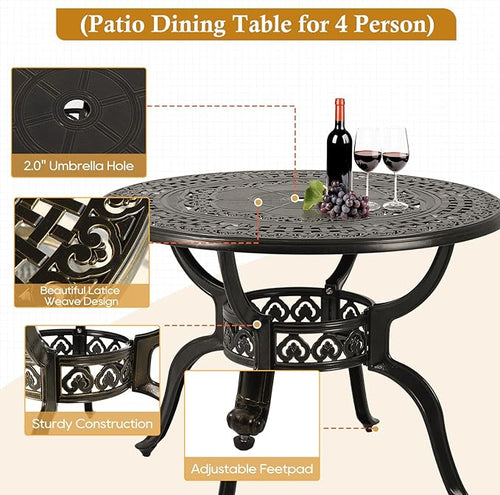 5-Piece Cast Aluminum Outdoor Patio Dining Set, All Weather Cast Aluminum Outdoor Furniture Dining Set for Patio, Balcony, Garden, Backyard w/4 Swivel Chairs & Cushions, 2.0" Umbrella Hole