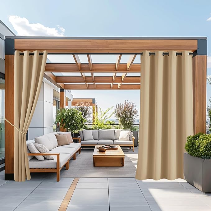 NICETOWN Outdoor Patio Curtains Waterproof Set of 2, Rustproof Stainless Steel Grommet Porch Decor Thermal Insulated for Outdoor Open-air Film/Pool, Biscotti Beige, W52 x L72 Inch