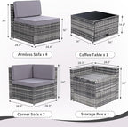 8-Piece Patio Furniture Set, Outdoor Wicker Rattan Sectional with Thick Cushions, Glass Top Table with Hidden Storage, Outdoor Conversation Set for Backyard, Porch, Patio, Light Grey