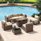 Aoxun 8 Piece Patio Furniture Set with 44” Fire Pit Table Wicker Rattan Outdoor Sectional Sofa Set with Coffee Table and Thickened Cushions, Beige (Waterproof Cover Included)