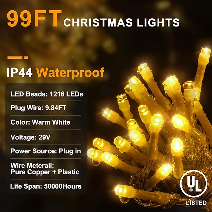 String Lights, 1216 LEDs, 100 ft Warm White Outdoor Christmas Lights
