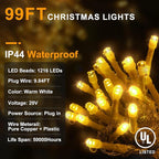 String Lights, 1216 LEDs, 100 ft Warm White Outdoor Christmas Lights