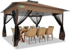 COBIZI 13x13 FT Pop up Gazebo on Clearance - Outdoor pop up Canopy Tent,carpas para Patio, Shelter - Screen Tents with Portable Carry Bag, Patio Gazebos for Camping,Garden,Deck,Backyard,Brown