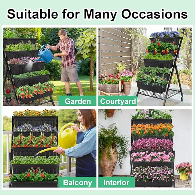 Homdox 5-Tier Vertical Garden Bed with Lockable Caster Wheels and Storage Rack - 4FT Vertical Raised Bed with 5 Garden Planter Boxes- Perfect to Grow Vegetables Herbs Flowers Indoor(Black)