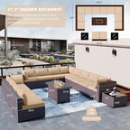 Kullavik 15 Pieces Outdoor Patio Furniture Set with 43" 55000BTU Gas Propane Fire Pit Table PE Wicker Rattan Sectional Sofa Patio Conversation Sets,Sand