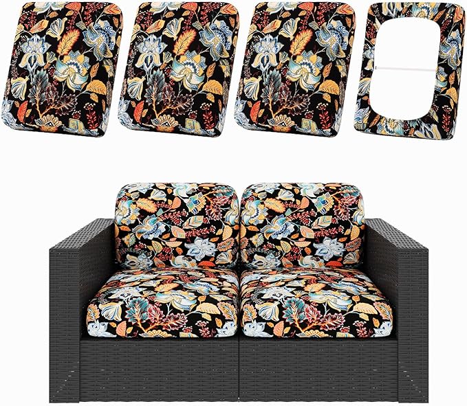 Cushion Covers, 4-Piece Floral Stretch Patio Set, Polyester Blend