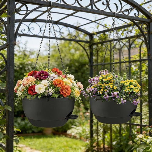 2 Pack 12 Inch Self Watering Hanging Planters for Indoor Plants, Large Black Plastic Hanging Pots with Chains for Outdoor Patio Garden Home Decor Black