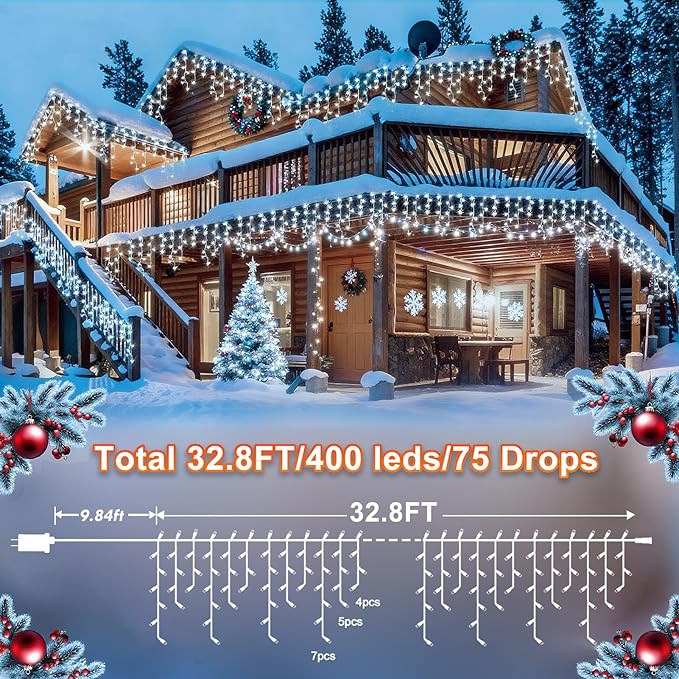 String Lights 400 LED, 33 ft Cool White with 8 Lighting Modes