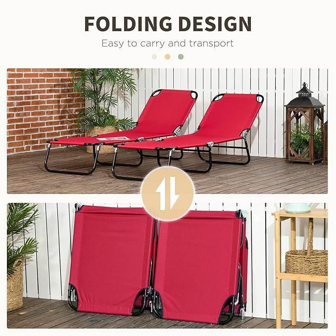 Outsunny 2 Piece Folding Chaise Lounge Pool Chairs, Outdoor Sun Tanning Chairs with 5-Level Reclining Back, Steel Frame for Beach, Yard, Patio, Red