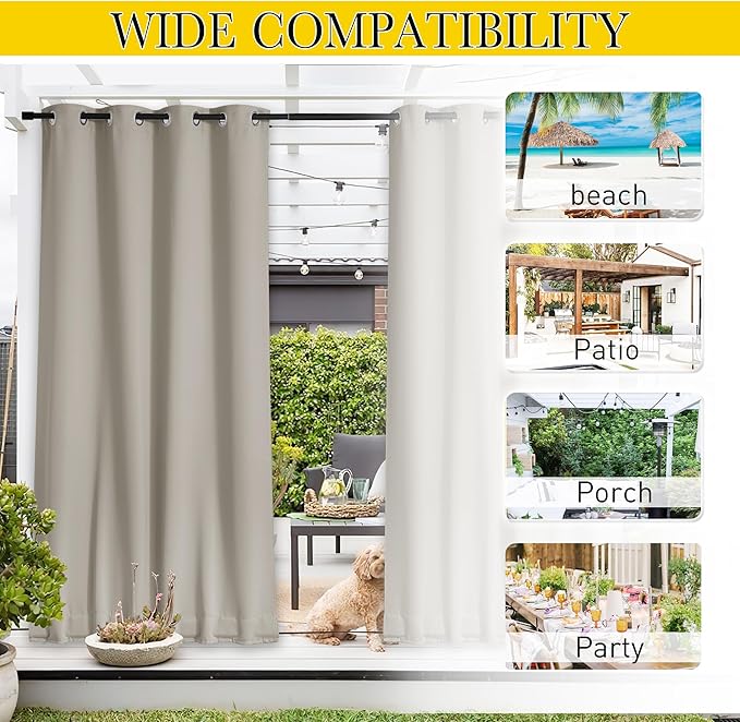 NICETOWN 2 Panels Weighted Outdoor Curtains for Patio Waterproof, Thermal Insulated Grommet & Back Tab on Top & Bottom Windproof Sun Blocking Draperies for Gazebo with Rope, Natural, W66 x L84