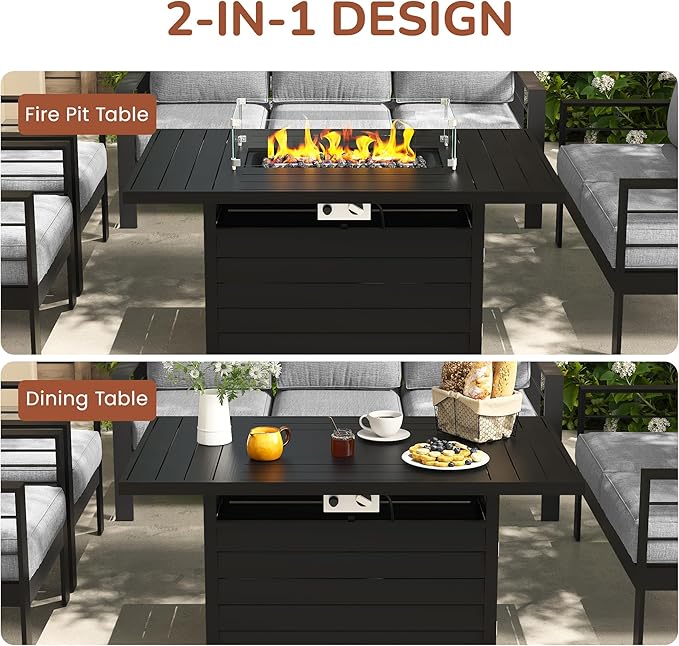 Solaste Aluminum Patio Furniture Set with 55 inch Fire Pit Table, 5 Piece Metal Outdoor Furniture with Water-Resistant Cushion, Modern Patio Conversation Set for Balcony, Front Porch, Backyard, Black