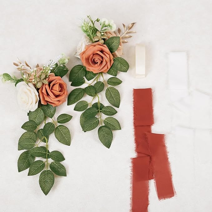 Artificial Flower Chair Decor Set of 10 with Terracotta Roses and Ribbon