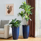 Glitzhome 23.75" H Oversized Tall Planter,Modern Set of 2 Honeycomb Textured Gradient Cobalt Blue Round Garden Plant Pots with Drainage Holes Flower Containers for Indoor Outdoor,Front Porch,Patio