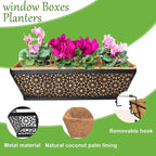 4 Pack 24" Railing Planter Window Box Deck Balcony Rail Planter Black Metal Flower Basket Horse Trough Planter with Coco Fiber Liner for Porch Fence Patio Outdoor
