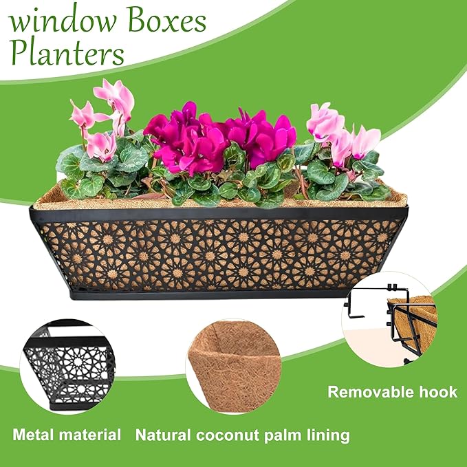 4 Pack 24" Railing Planter Window Box Deck Balcony Rail Planter Black Metal Flower Basket Horse Trough Planter with Coco Fiber Liner for Porch Fence Patio Outdoor