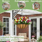 Black Flat Iron Metal Hanging Planter Basket with Coco Coir Liner(2 Pack, 16 Inch) Hanging Planters for Outdoor Plants Round Plant Flower Pots Hanging Flower Basket for Outdoor Patio Garden Decoration