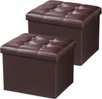 AmasSmile Storage Ottoman Folding Foot Rest Stool, Leather Footstool Bench, Short Ottoman Stool, Storage Foot Rest Store, Books (Brown-2pc, 17" D x 13" W x 13" H)