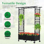 Planter Box with Trellis Outdoor, 53.1in Plastic Raised Garden Bed with Trellis Hanging Roof for Vine Flower, with Lockable Wheels & Drain Plug for Patio Backyard Balcony, Black, 1 Pc