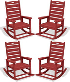SERWALL Outdoor Rocking Chair Set of 4, Oversized HDPE Patio Rocking Chair with Footrest for Adults, All Weather Porch Rocker for Deck Patio Balcony, Red
