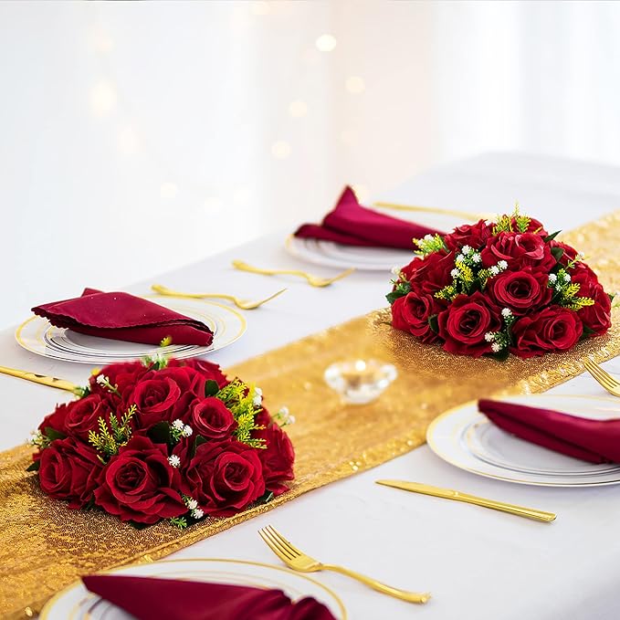 Artificial Flowers Crimson Faux Silk Rose Ball Centerpiece, Zip Ties Included