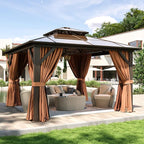 Aoxun 12'x12' Hardtop Gazebo, Aluminum Frame Permanent Pavilion with Curtains and Netting, Outdoor Polycarbonate Double Roof Canopy, Designed for Garden, Lawns, Patio, Brown
