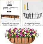 16'' Window Box Railing Planter with Coco Liner,4 Pack Horse Trough Planters Black Metal Hanging Flower Planters Basket for Porch Fence Patio Indoor Outdoor Lawn