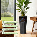 Set of 2 32 Inch Tall Plastic Planters with Drainage Saucers, Rattan Pattern UV Resistant Indoor Outdoor Flower Pots for Patio Garden Balcony Decor, Black