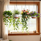 4 Pack 8 Inch Self Watering Hanging Planters for Indoor Outdoor Plants，Hanging Pots for Plants with Drainage Removable Tray, Hanging Baskets Flower Pots for Pothos Garden Porch White with Brown
