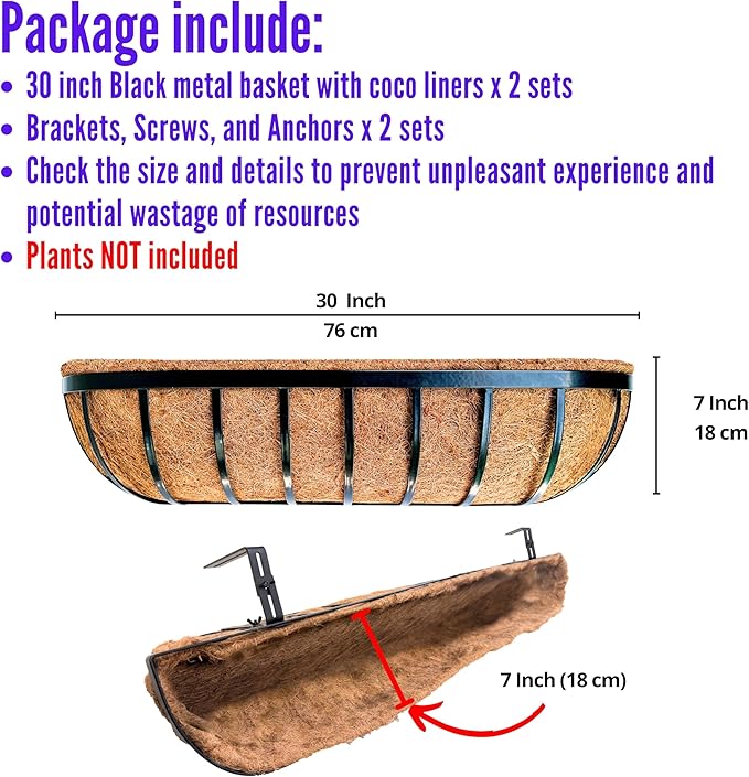 LaLaGreen Railing Planters Box (2 Pack, 30") Black Metal Large Rectangular Window Flower Box with Coco Liner, Wall Hanging Planter for Outdoor Plants Deck Rail Horse Troughs Fence Balcony Porch Garden