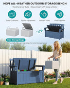 SERWALL HDPE Outdoor Storage Bench, All-Weather, UV-Resistant Deck Box with Waterproof Storage Bags, 57 Gallon Dual-Use Seat & Organizer Deck Boxes for Patio, Garden Tools & Pool (Navy Blue)