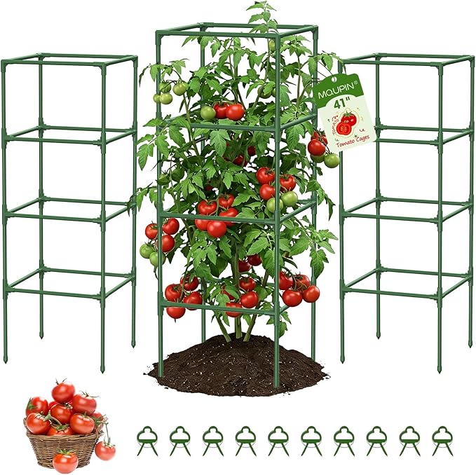 MQUPIN Tomato Cages,3 Packs Square Tomato Cage for Garden Plant Support,41 * 15 * 15in Heavy Duty Steel Plant Tower Stakes Trellis for Climbing Vegetables Flowers Fruits