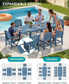 SERWALL 11-Piece Outdoor Dining Set, 60" - 83" Expandable Outdoor Dining Table and 10 HDPE Chairs, All Weather HDPE Outdoor Furniture Set for Backyard, Garden, Blue