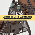 HOMREST 3 Seat Outdoor Porch Swing with 1.5" Deepened Cup Holder, Adjustable Canopy, Patio Swing Bed with Stand, Patio Glider Swing with Thicken Cushions, Pillow for Yard, Garden(Brown)