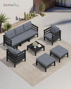 SERWALL HDPE Patio Furniture Set, 6 Pieces Outdoor Sectional Sofa Set, All-Weather Wood-Like Outdoor Sofa Couch with Coffee Table for Deck, Lawn, Black Frame with Grey Cushion