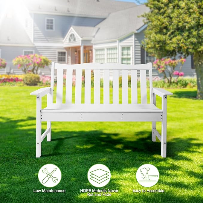 Backyard Expressions Poly Patio Bench (800 Lb Capacity) – Weatherproof Outdoor Bench, Low Maintenance, Heavy-Duty Recycled Material – Ideal for Porch, Patio & Park (White Woodgrain Look)