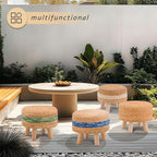Handwoven Round Ottoman, Natural Water Hyacinth Outdoor Patio Pouf Seagrass Low Stool with Wood Legs, Soft Padded Footrest for Living Room Bedroom Garden, Blue