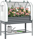 Outsunny Galvanised Raised Garden Bed with Greenhouse Cover, Metal Elevated Garden Bed with Legs, Bed Liner and Bottom Shelf, Outdoor Raised Planter Box for Vegetables, Herbs, Flowers, Dark Gray