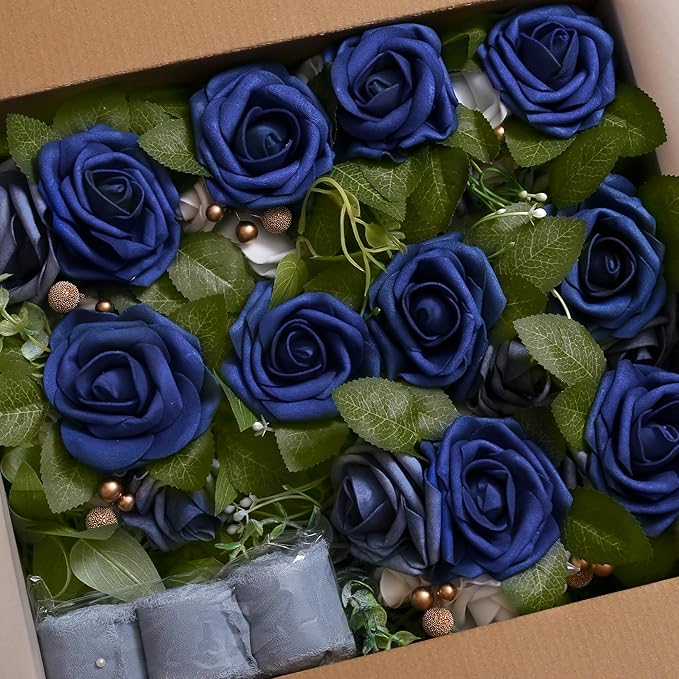 Artificial Wedding Pew Flowers, Blue Roses with Chiffon Ribbon, Set of 10