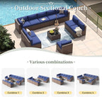 Aoxun 11 Piece Patio Furniture Set Wicker Rattan Patio Conversation Set Outdoor Sectional Sofa Set with Coffee Table and 4” Thickened Cushions, Blue(Waterproof Cover Included)