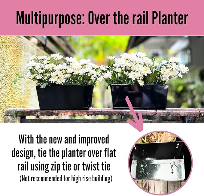 LaLaGreen Railing Hanging Planters (2 Pack, 16 Inch) Large Black Metal Strawberry Flower Pots Outdoor Countryside Modern Rectangle Succulent Planter with Drainage Holes Hanger Balcony Deck Fence Porch