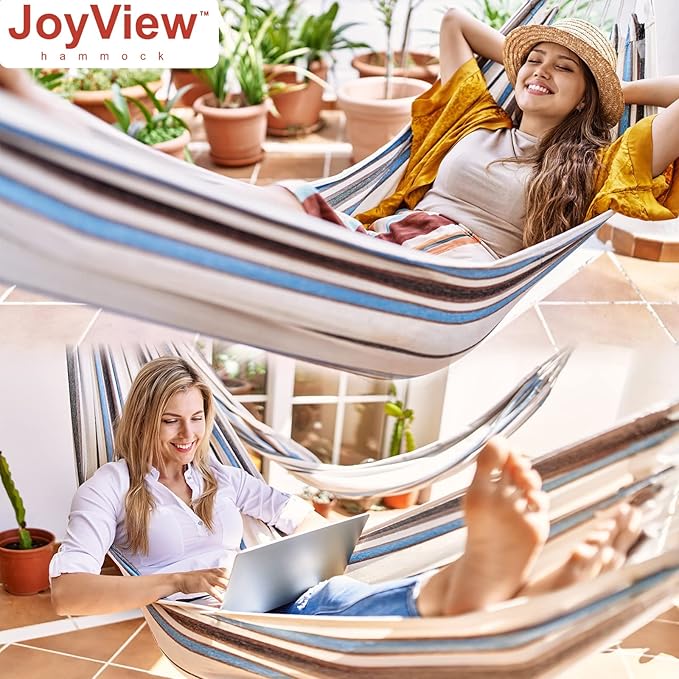 JoyView Brazilian Hammock for Single Person - Portable Cotton Hammock with Hanging Ropes & Carry Bag - 78.8x39.4' - 300LBS Capacity - Red & Green Stripes
