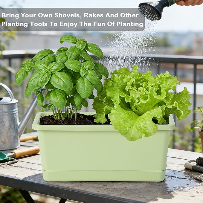 Window Box Planter 6 Packs, 13.8 Inches Rectangle Flower Pots with Drainage Holes & Trays, Pots for Vegetables, Herbs, Flowers, Garden Windowsill Balcony (Green)