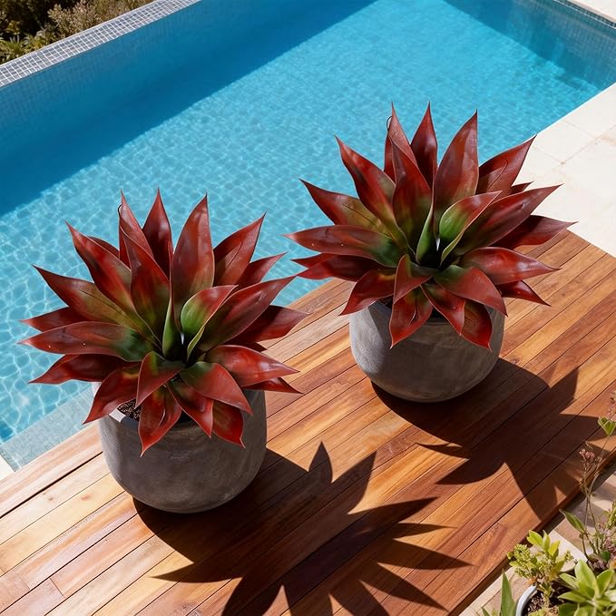 Ivydale Outdoor Faux Plants, 2 PCS 28" Artificial Agave Plant for Outdoors Outside Decoration, Large Fake Plants Realistic Greenery UV Resistant for Planter Porch Patio Yard Garden Indoor(Red)