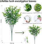 Artificial Faux Outdoor Plants for Spring Summer Decoration, 12 Bundles Fake Plastic Eucalyptus UV Resistant Look Real Fake Plants for Planter Outside Front Door Porch Patio Balcony Garden Indoor Yard