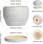 SQOWL Ceramic Planters for Indoor Plants - 6 Inch Plant Pot with Drainage Hole and Saucer, Small Ceramic Flower Pot, Round Decorative Planter Outdoor, Living Room Decor, Garden Gifts for Women, Gray
